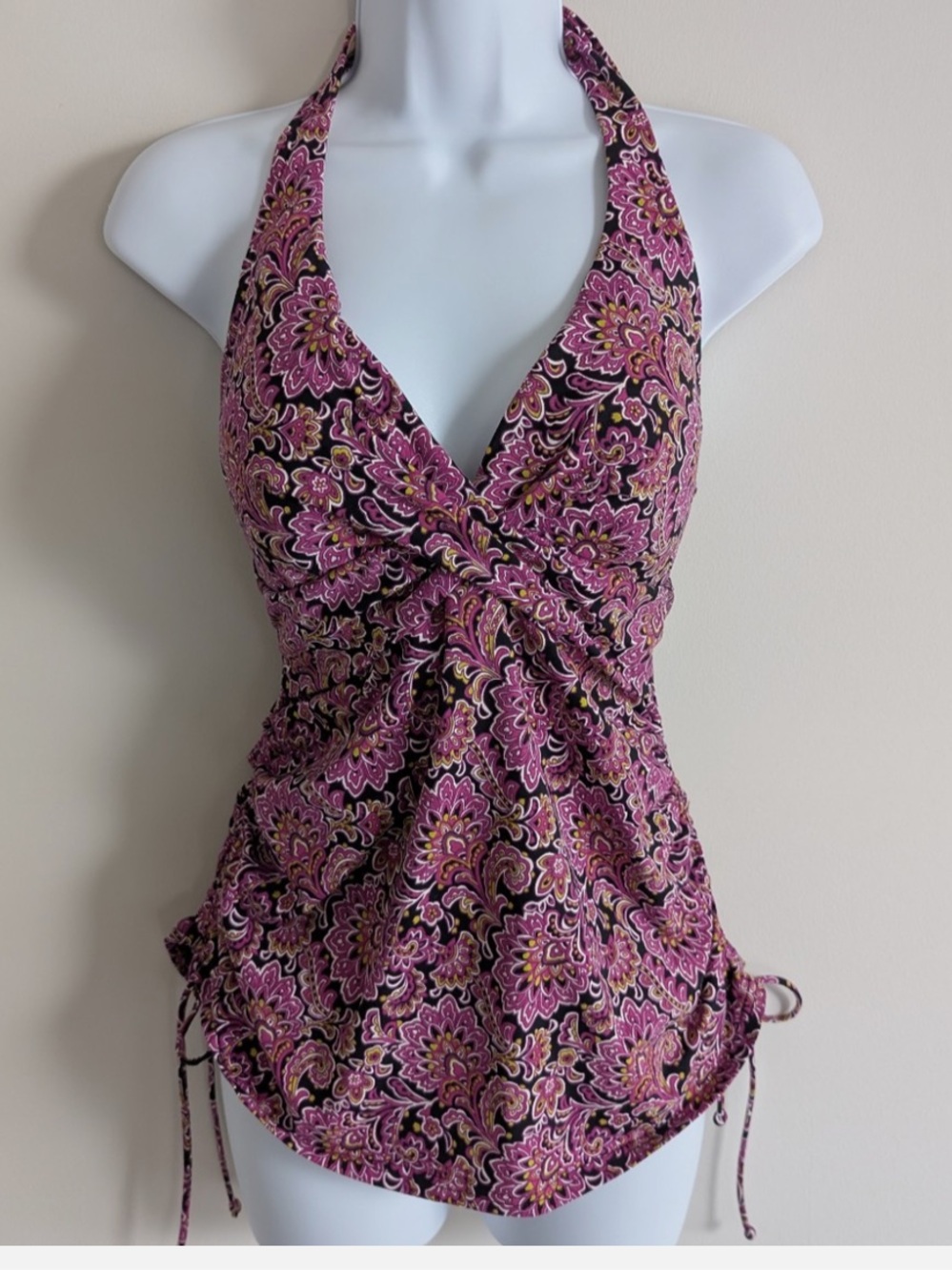 Lands’ End Beach Living Floral Paisley Tankini Top Sz 14 Pink Purple Cinch Front